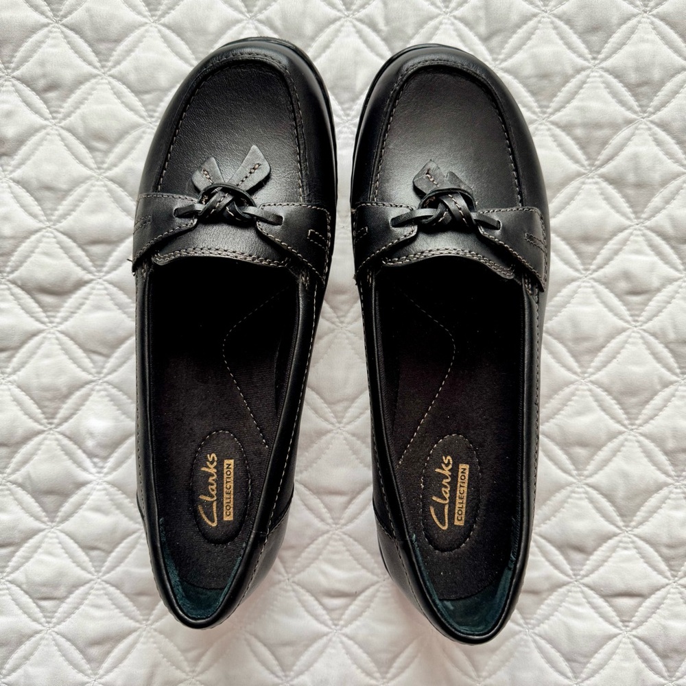 Clarks Ashland Bubble Slip-on Leather Loafter Shoes Black Tassel Size 6.5 Wide